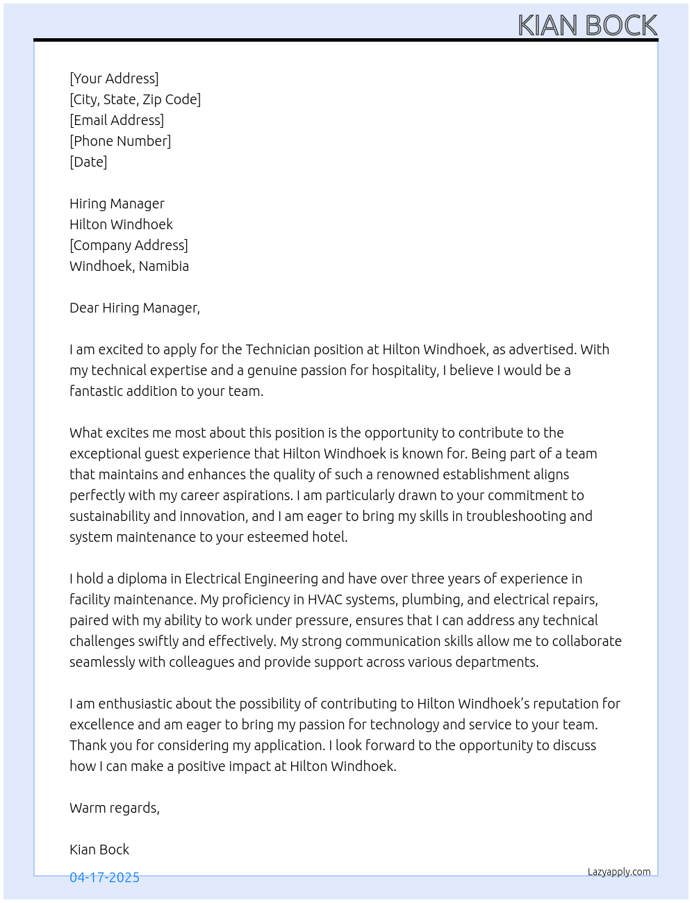 Technician At Hilton Windhoek Cover Letter