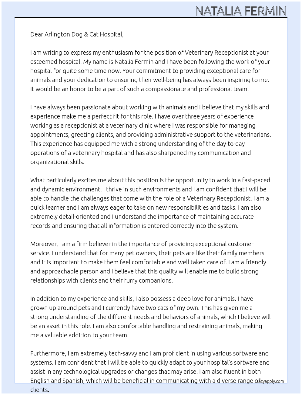 Veterinary Receptionist At Arlington Dog & Cat Hospital Cover Letter