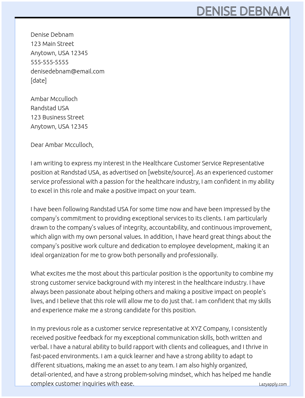 Healthcare Customer Service Representative At Randstad USA Cover Letter