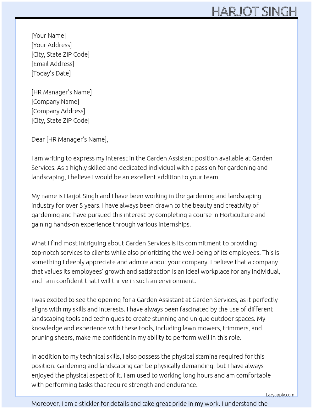 Garden Assistant At Garden Services Cover Letter