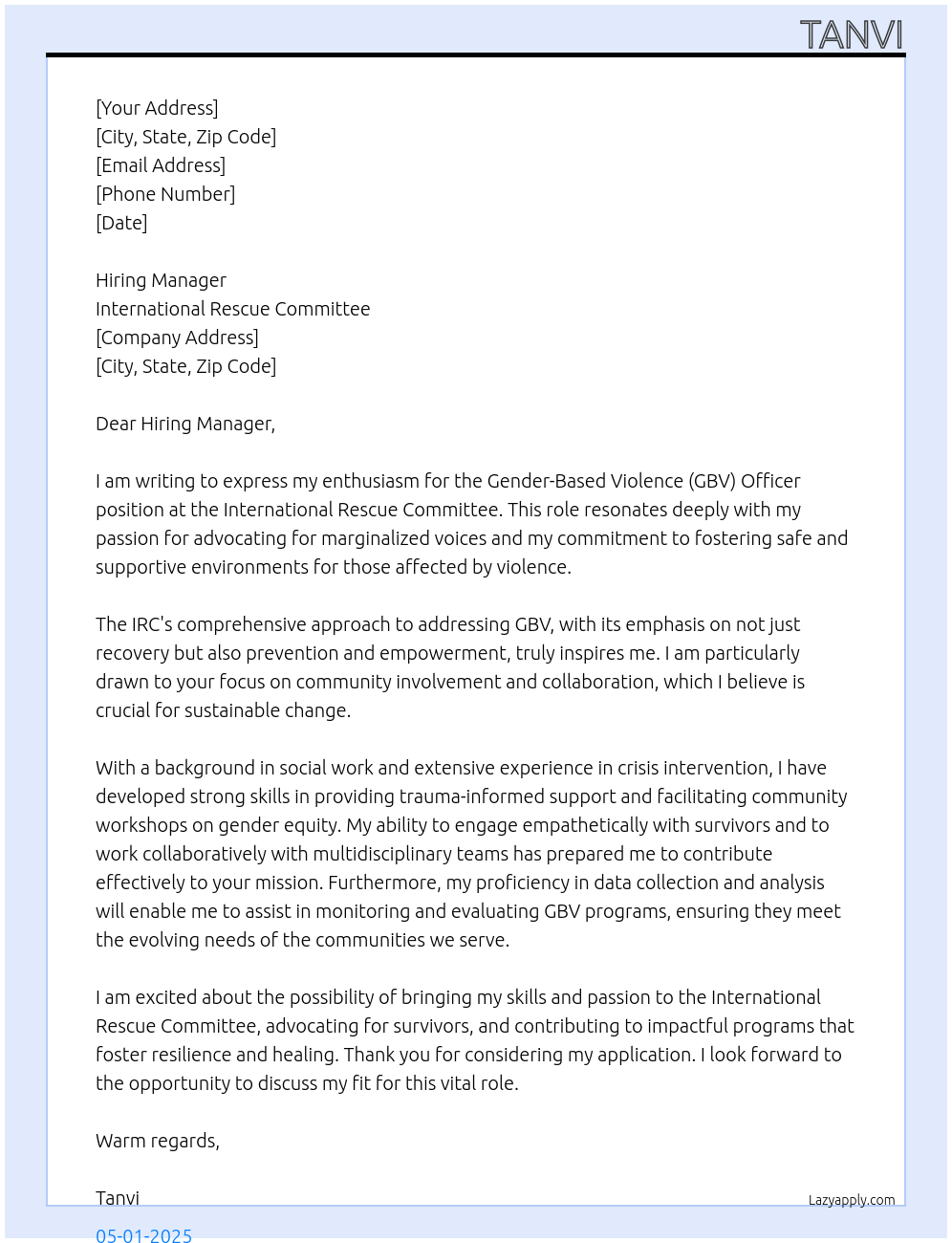 Gender-Based Violence (GBV) Officer At International Rescue Committee Cover Letter