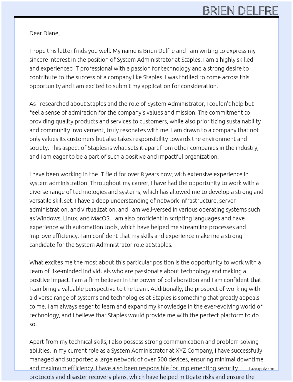 System Administrator At Staples Cover Letter