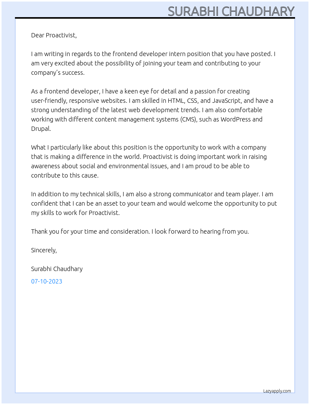 frontend developer intern At Proactivist Cover Letter