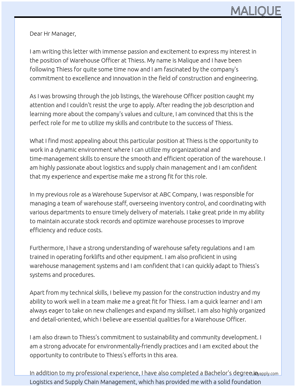 warehouse officer At Thiess Cover Letter