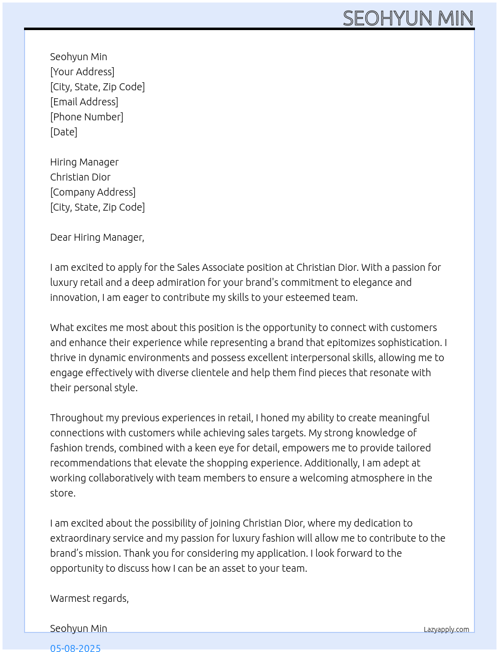 sales associate At Chirstian Dior Cover Letter