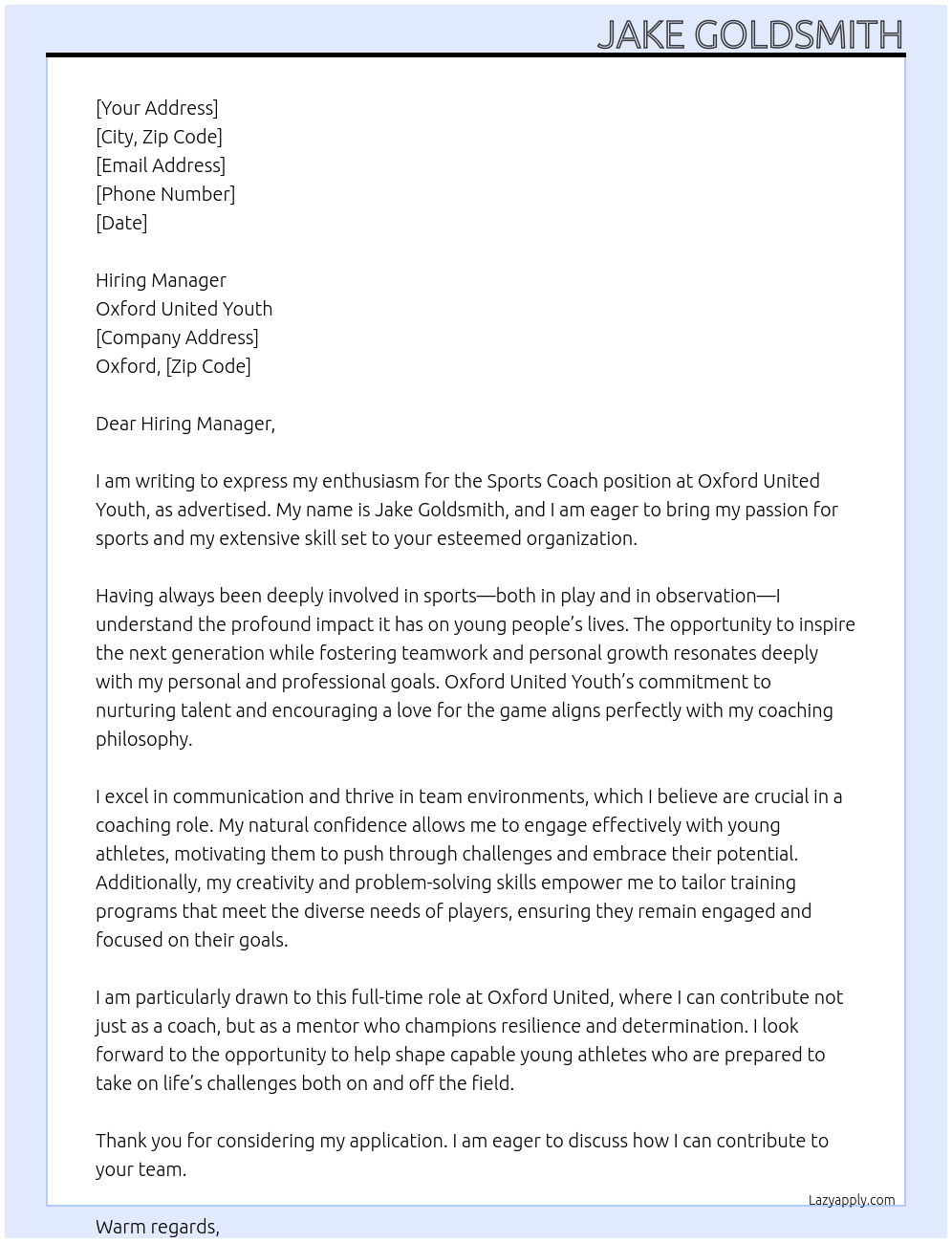 Cover letter for sports coach - LazyApply