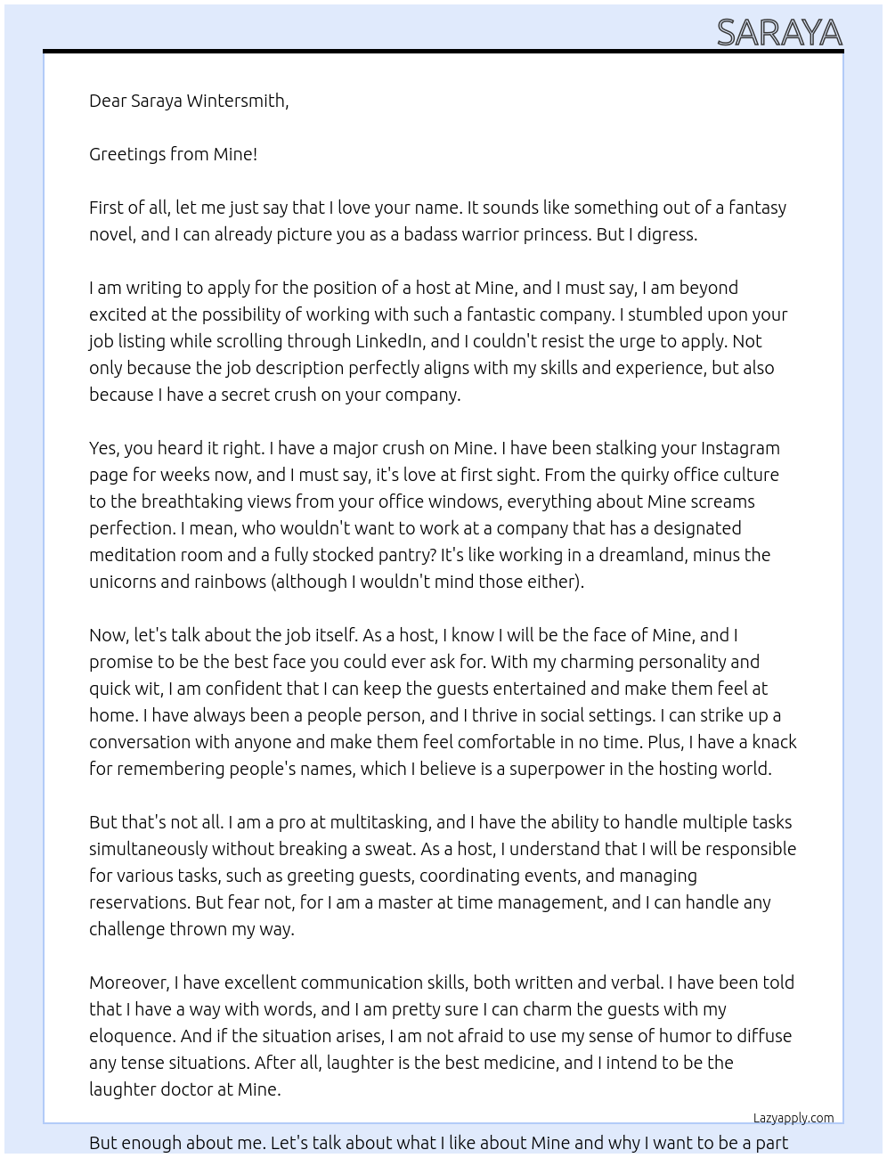 host At Mine Cover Letter