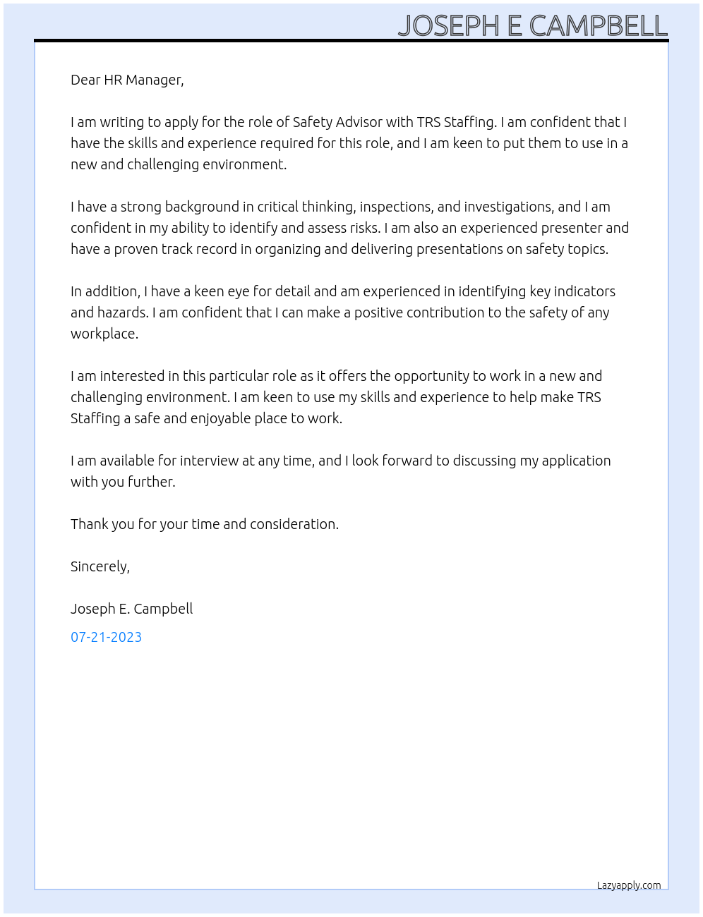 safety advisor At TRS Staffing Cover Letter