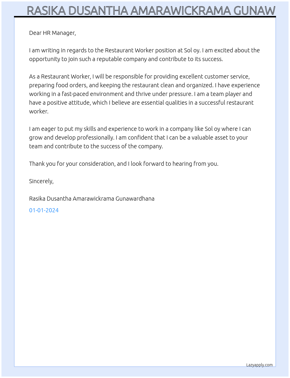 Restaurant Worker At Sol oy Cover Letter