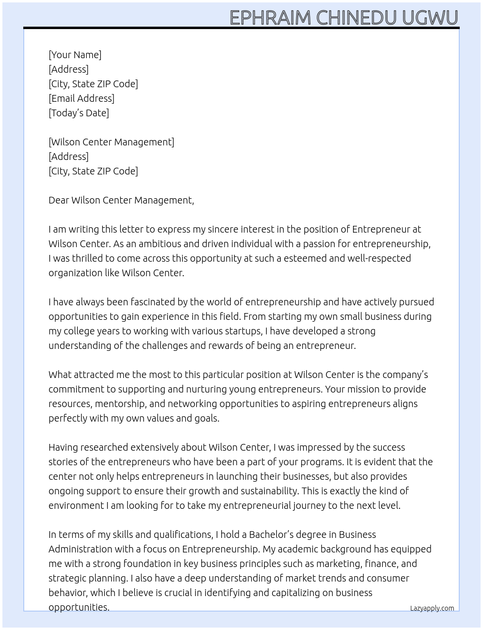 Entrepreneur At Wilson Center Cover Letter