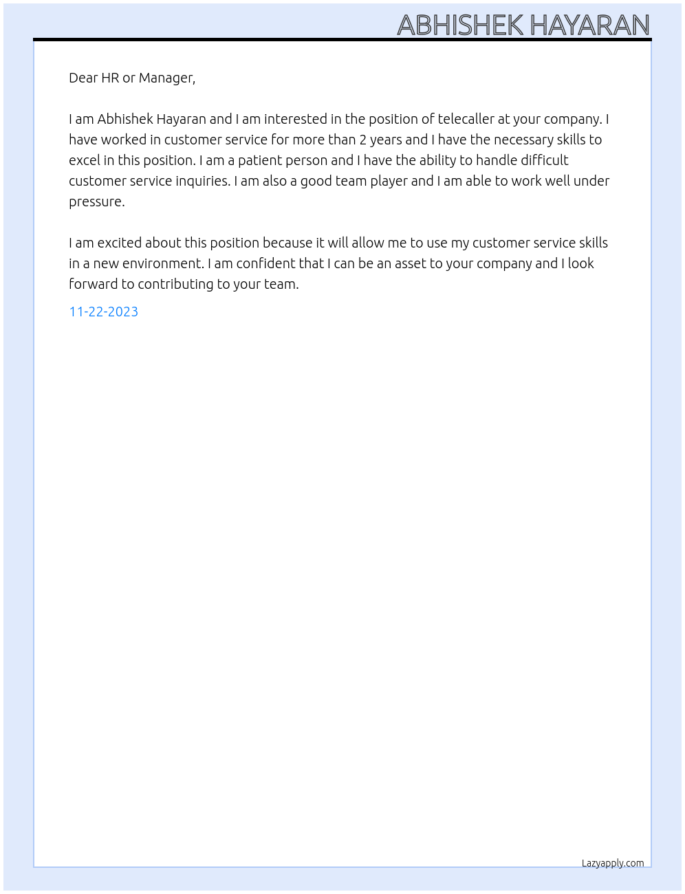 TELECALLER At BPO Cover Letter