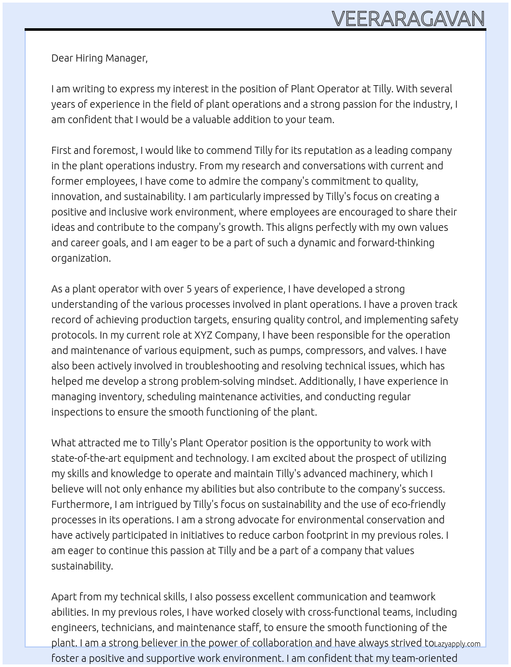 Plant operator At Tilly Cover Letter