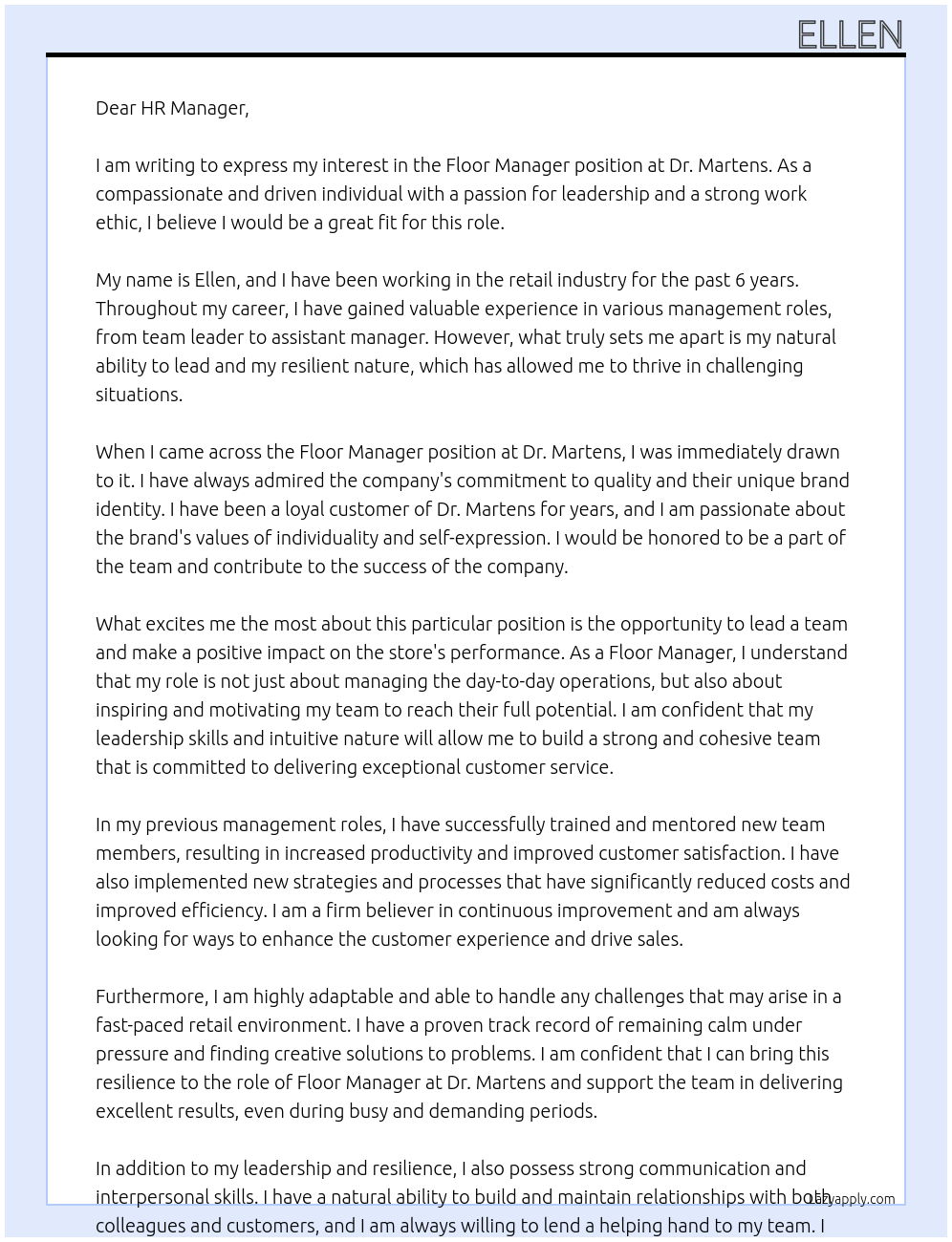 Floor Manager At Dr. Martens Cover Letter