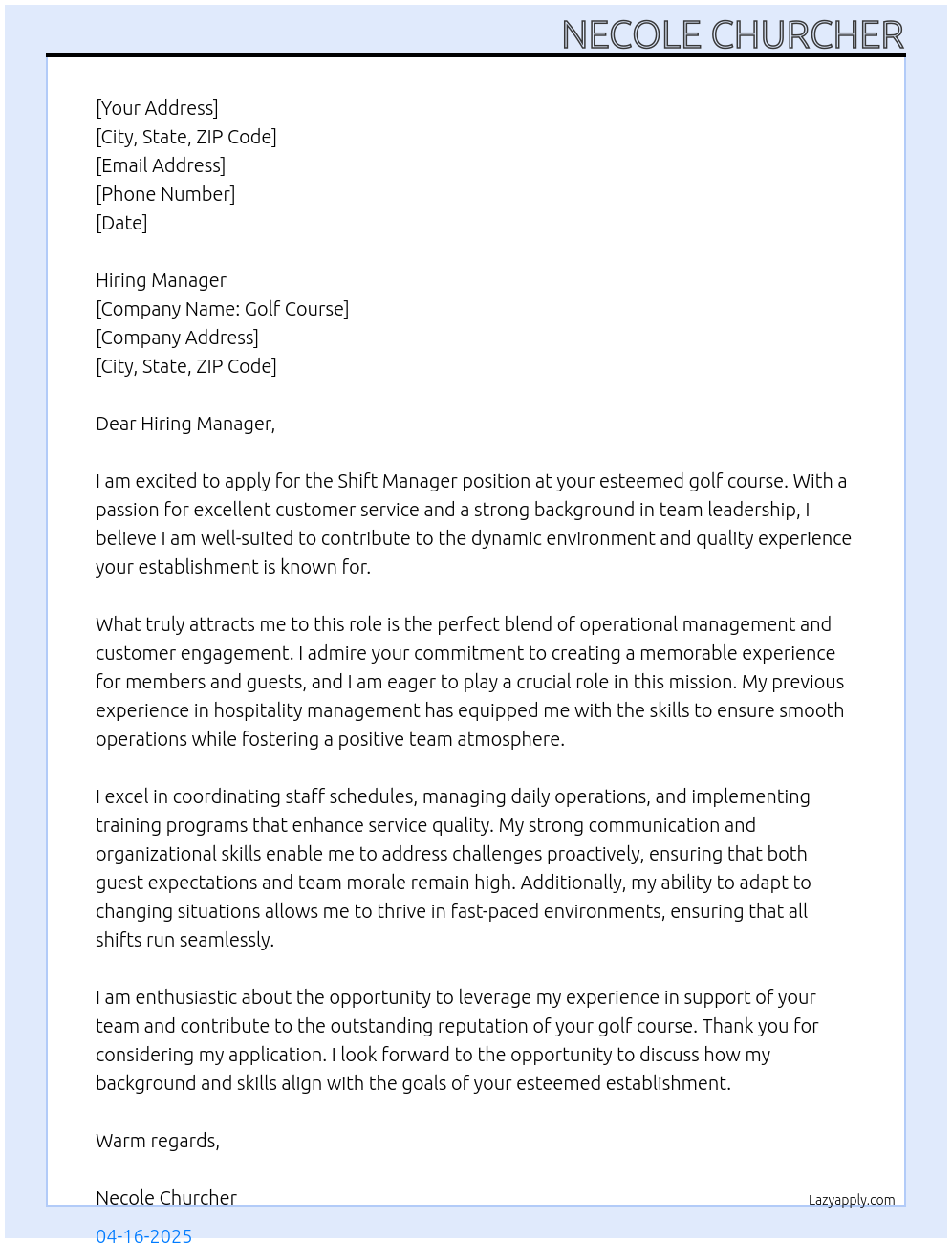 Cover letter for shift manager - LazyApply