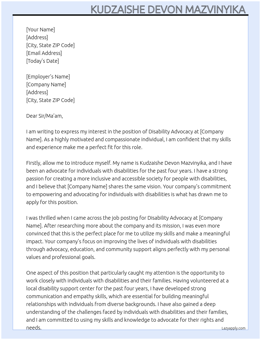 Cover letter for disability advocacy - LazyApply