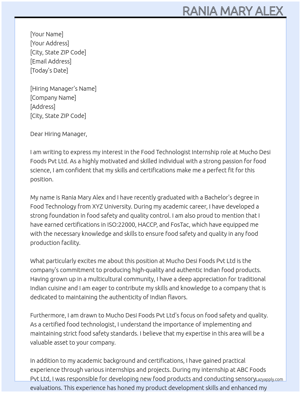Food Technologist  At Mucho Desi Foods Pvt Ltd Cover Letter