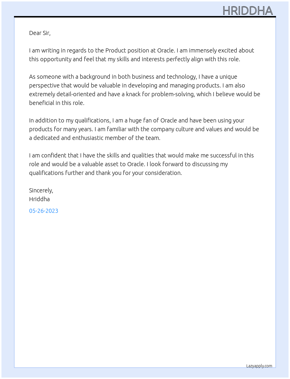 Product At Oracle Cover Letter