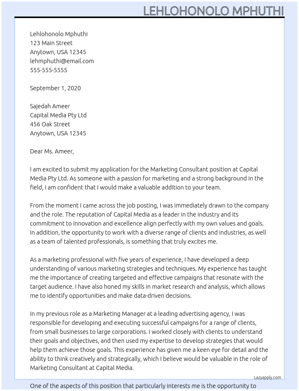 Marketing Consultant At Capital Media Pty Ltd Cover Letter