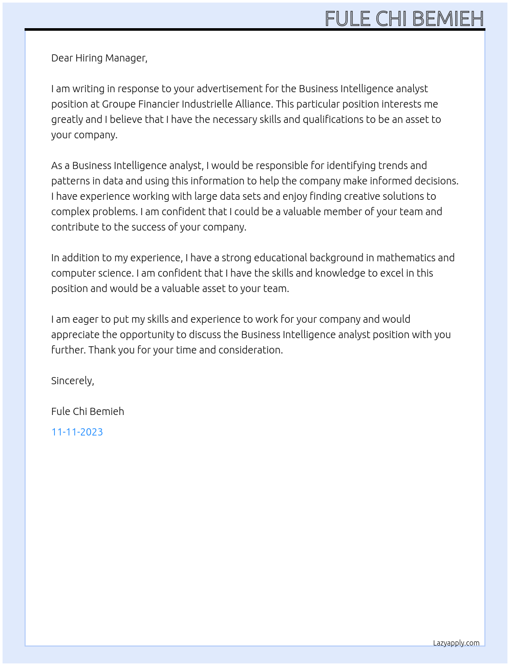 Business Intelligence analyst At Groupe Financier Industrielle Alliance Cover Letter