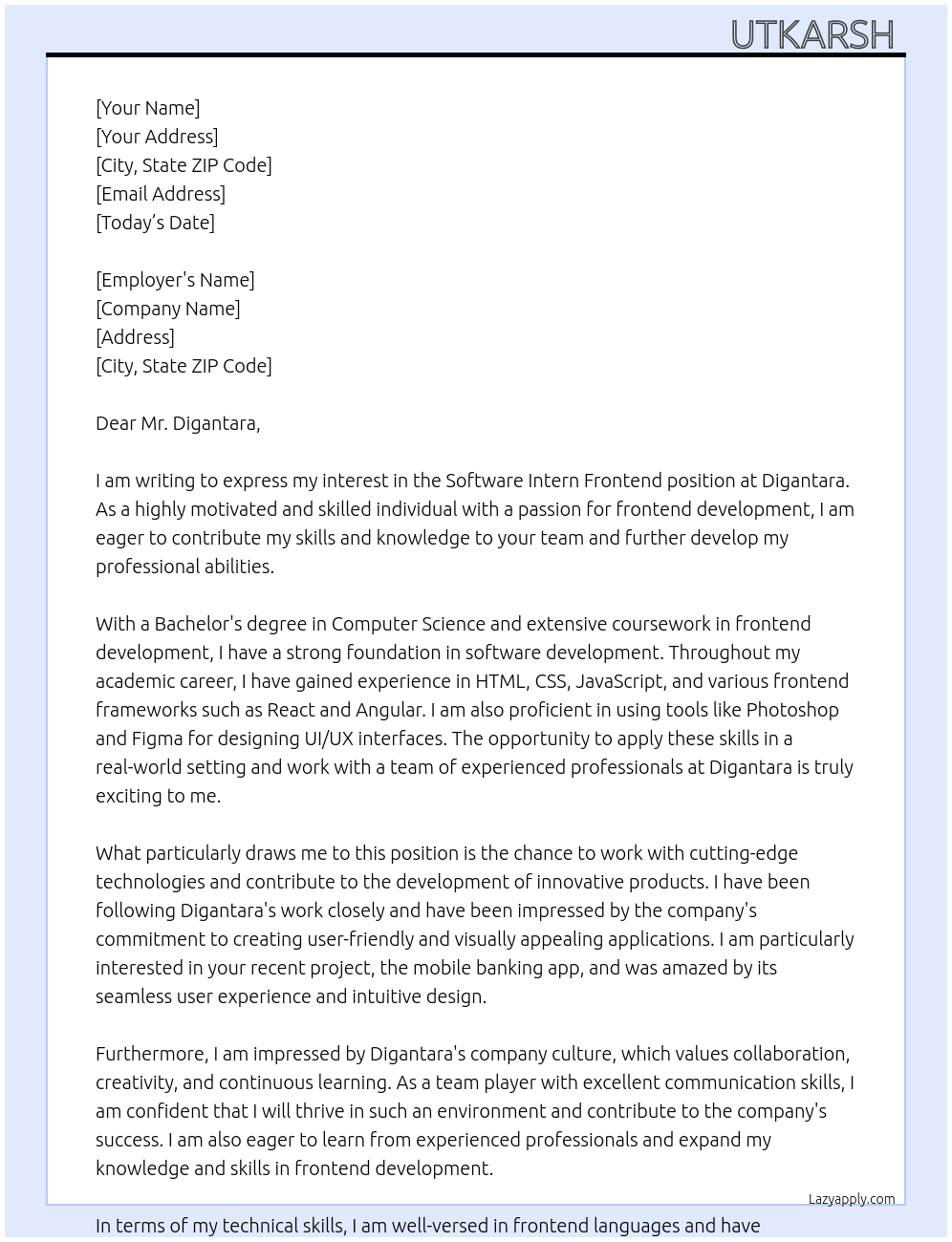 Cover letter for software intern frontend - LazyApply