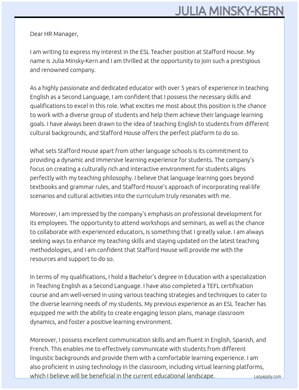 ESL Teacher At Stafford House Cover Letter