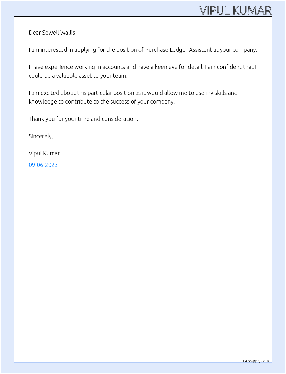 Purchase Ledger Assistant At Sewell Wallis Cover Letter