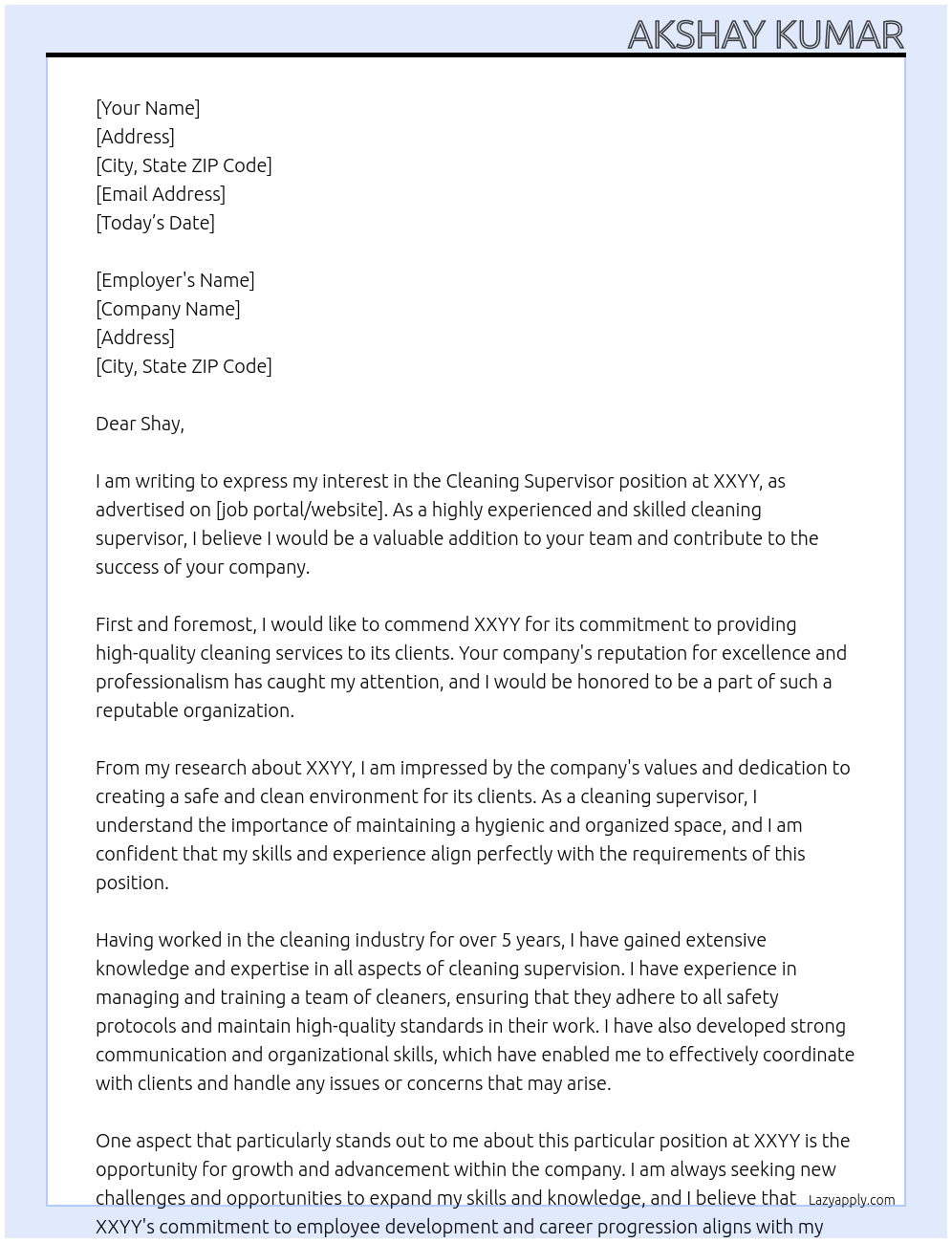 Cleaning Supervisor  At XXYY Cover Letter
