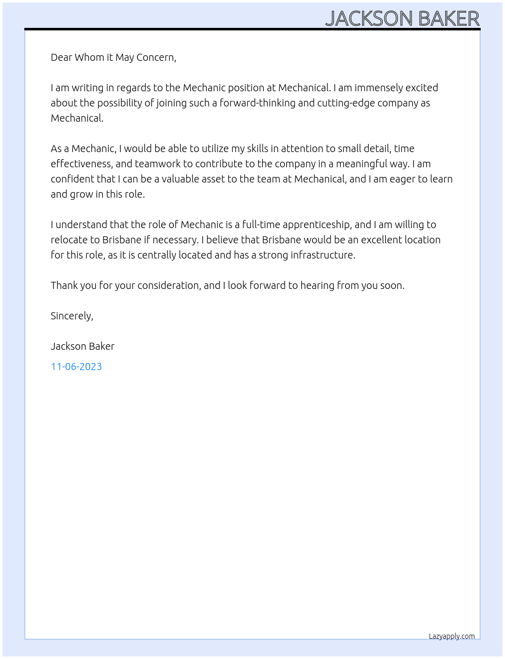Mechanic At Mechanical Cover Letter