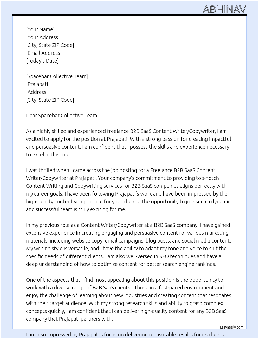 Cover letter for freelance b2b saas content writer/copywriter - LazyApply