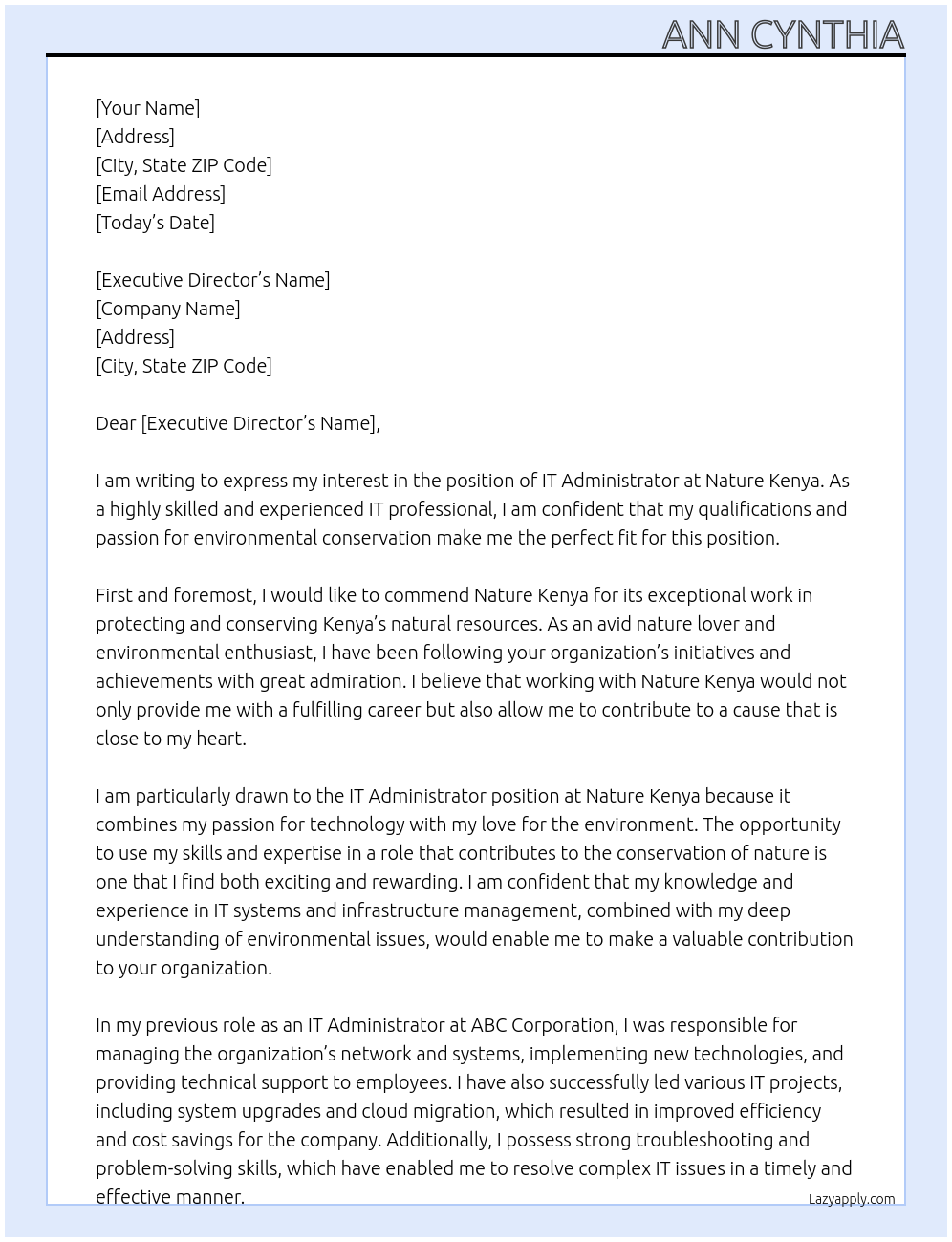 IT Administrator At Nature Kenya Cover Letter