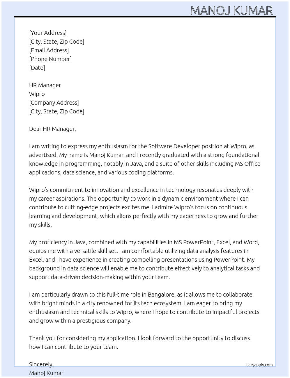 Software developer, Fresher At Wipro Cover Letter