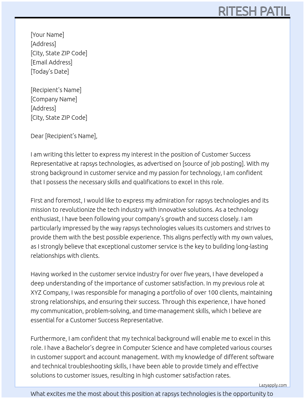 Customer Success Representative At rapsys technologies Cover Letter
