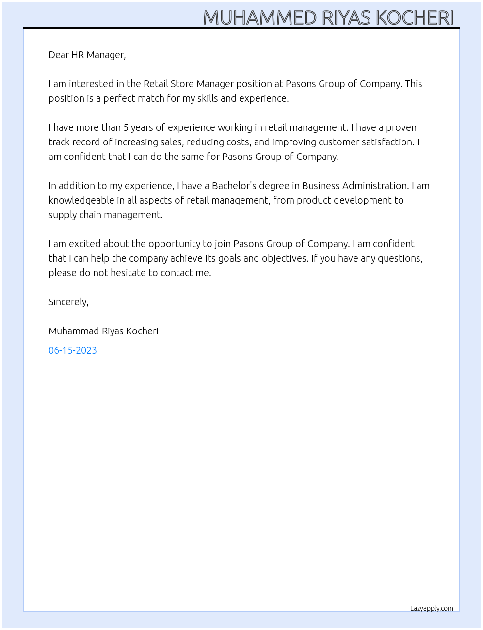 Retail store manager At PASONS GROUP OF COMPANY Cover Letter