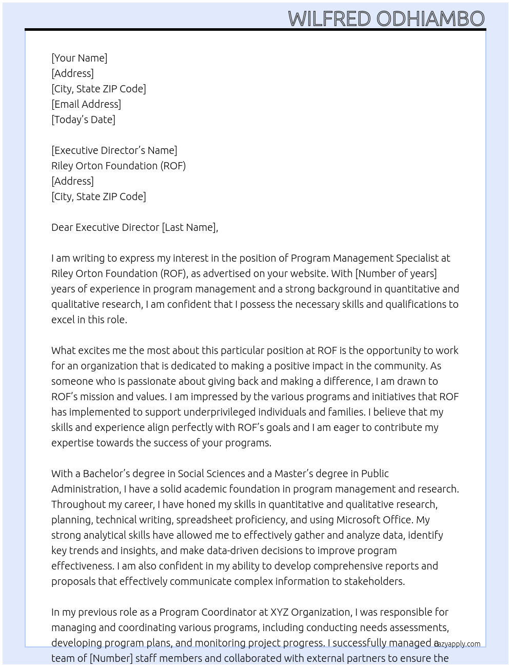 Cover letter for program management specialist - LazyApply