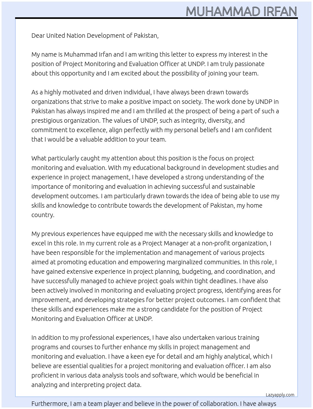 Project Monitoring and Evaluation Officer At UNDP Cover Letter