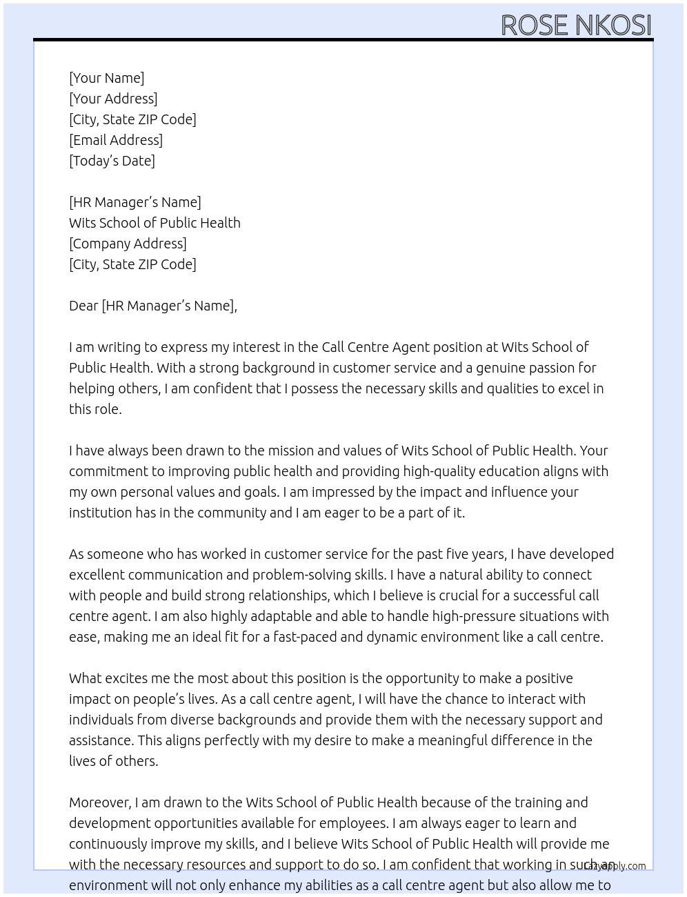 Call centre Agent At Wits School of Public Health Cover Letter