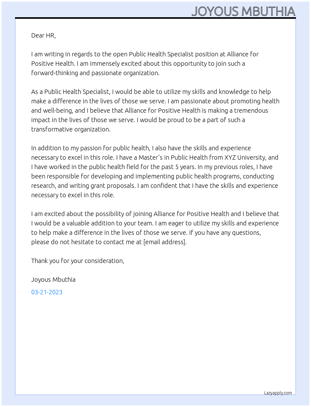 Public Health Specialist At Alliance for Positive Health Cover Letter