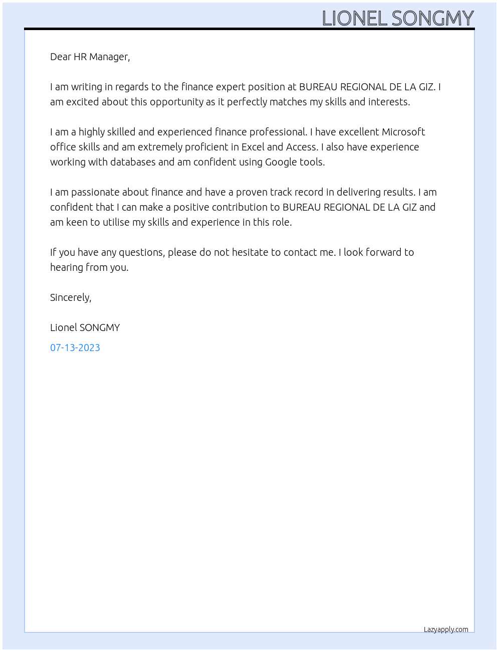 Finance expert At BUREAU REGIONAL DE LA GIZ Cover Letter