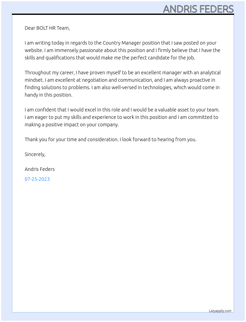 Country Manager At BOLT Cover Letter