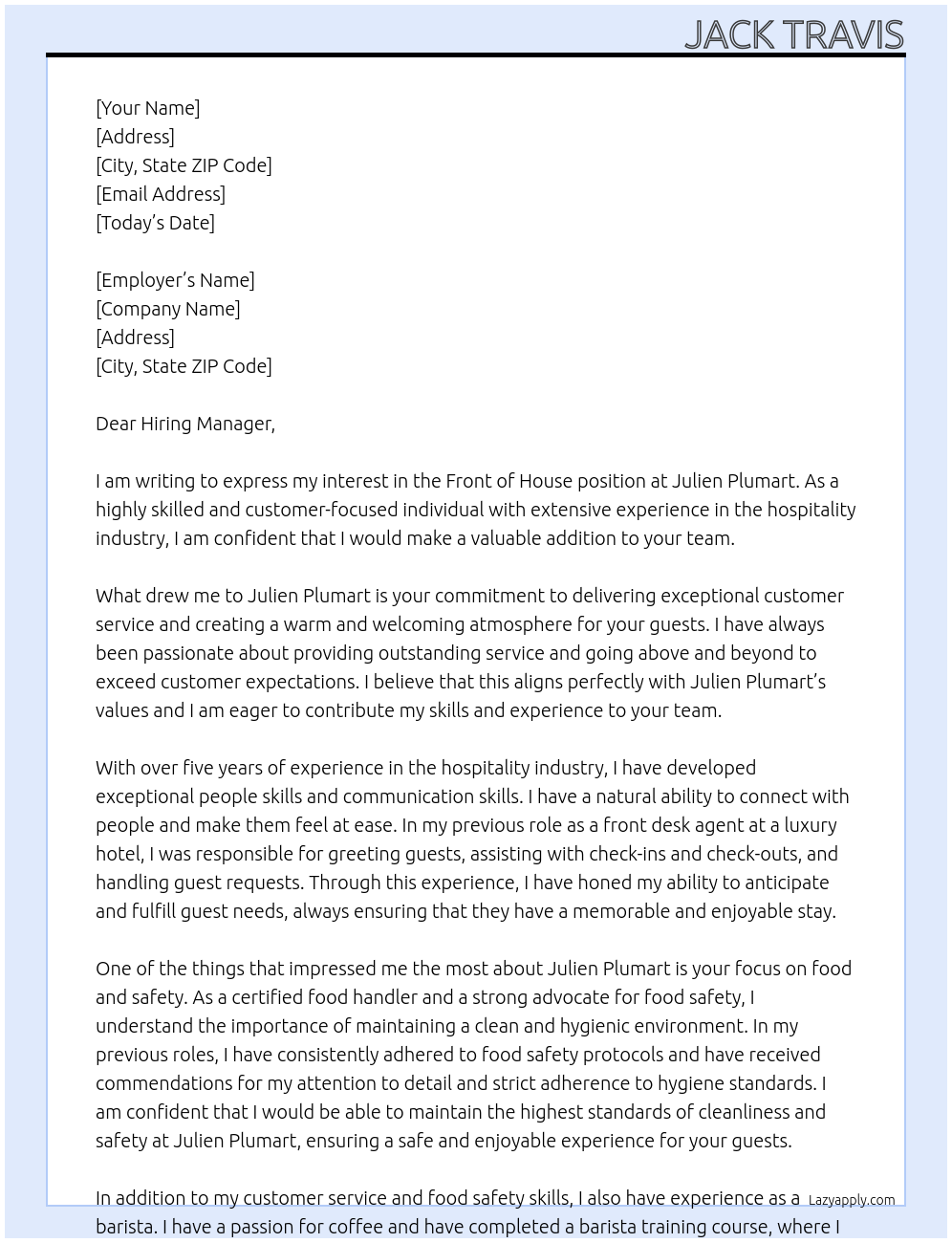 Front of House At Julien Plumart Cover Letter