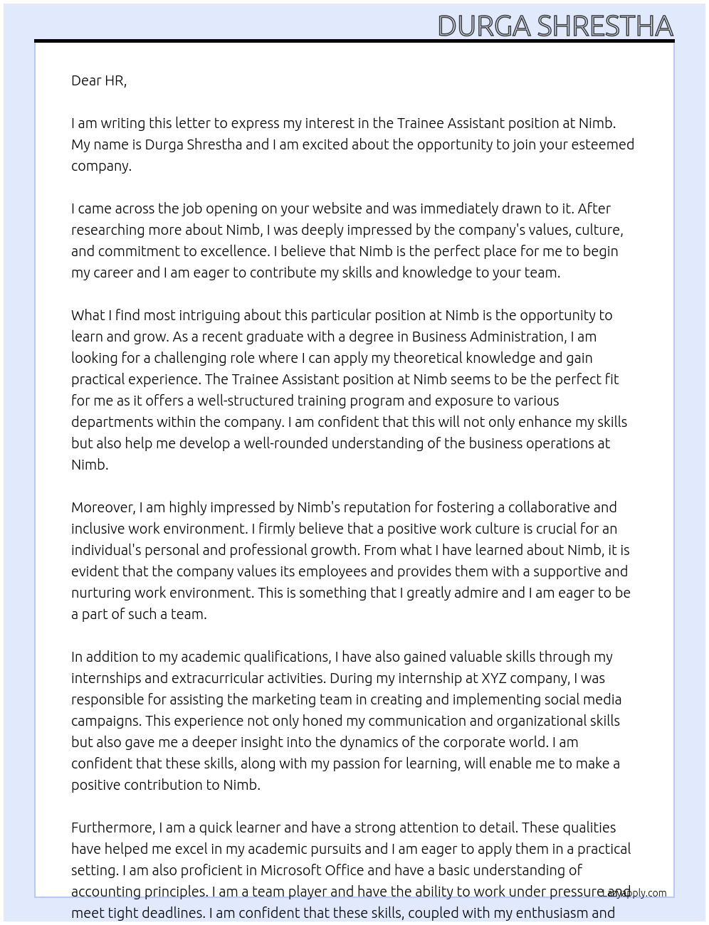 trainee assistant At nimb Cover Letter