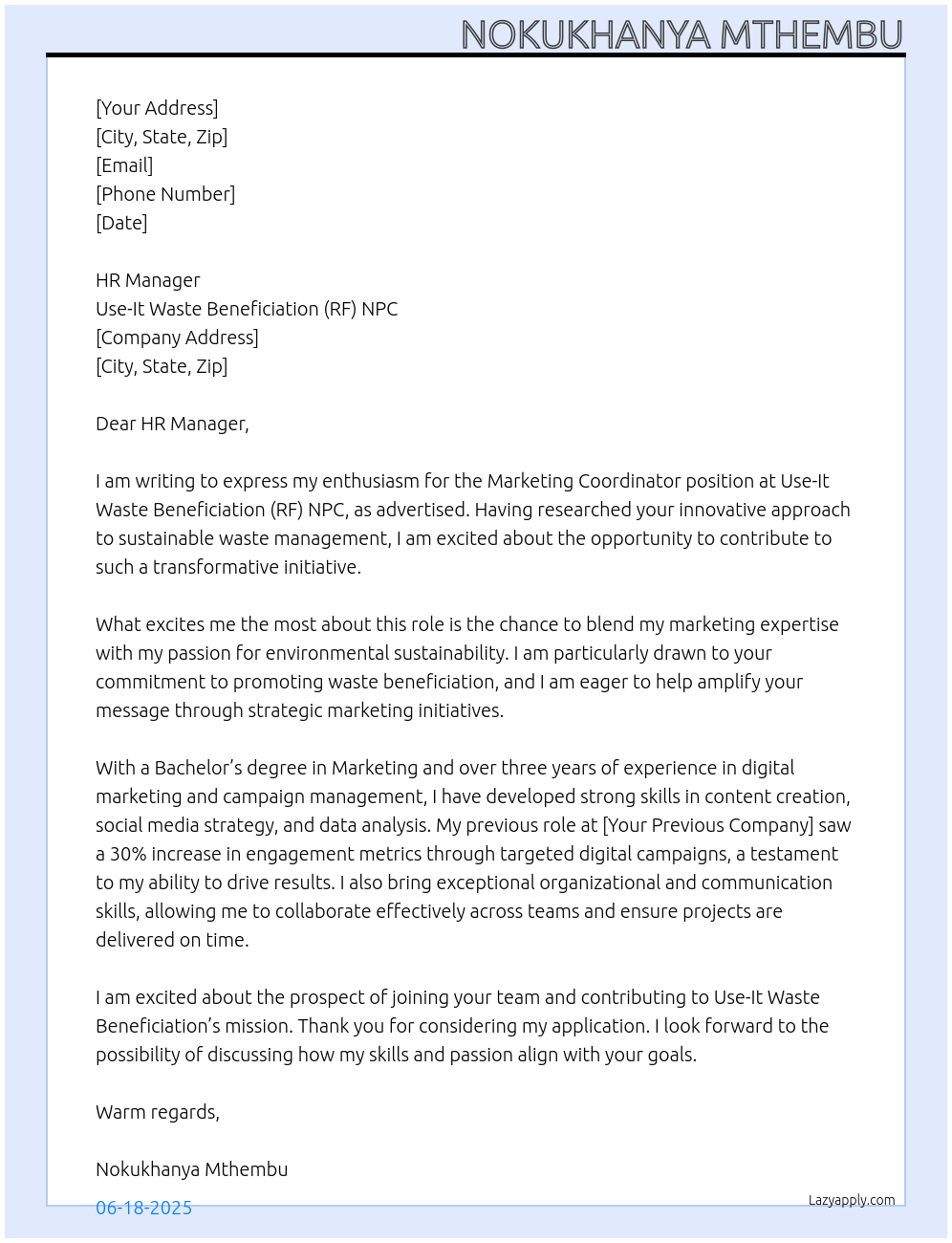 Marketing Coordinator At Use-It Waste Beneficiation (RF) NPC Cover Letter