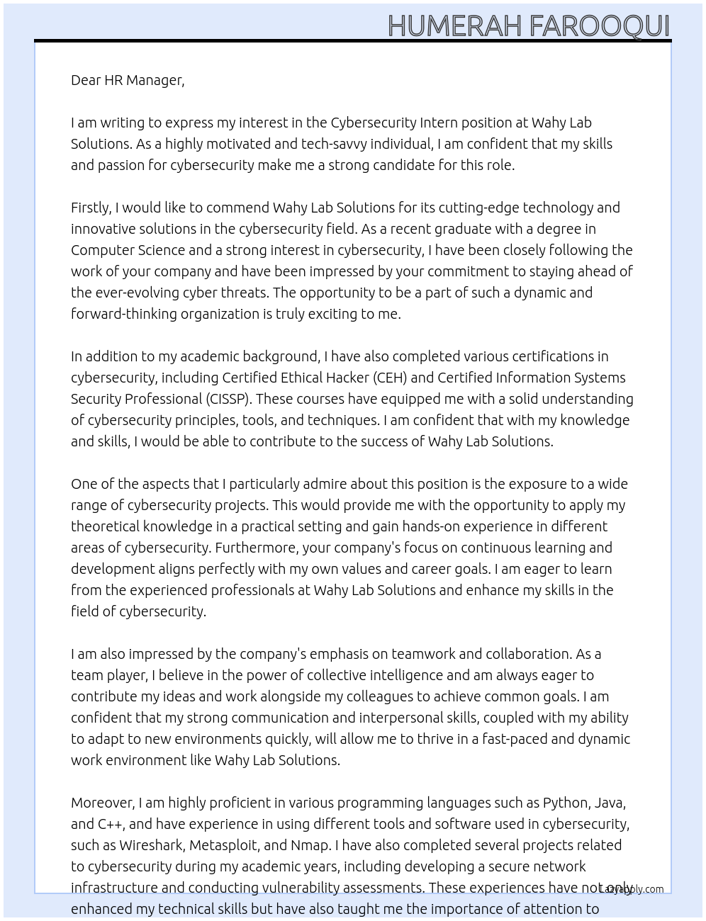 Cybersecurity intern At Wahy Lab Solutions Cover Letter