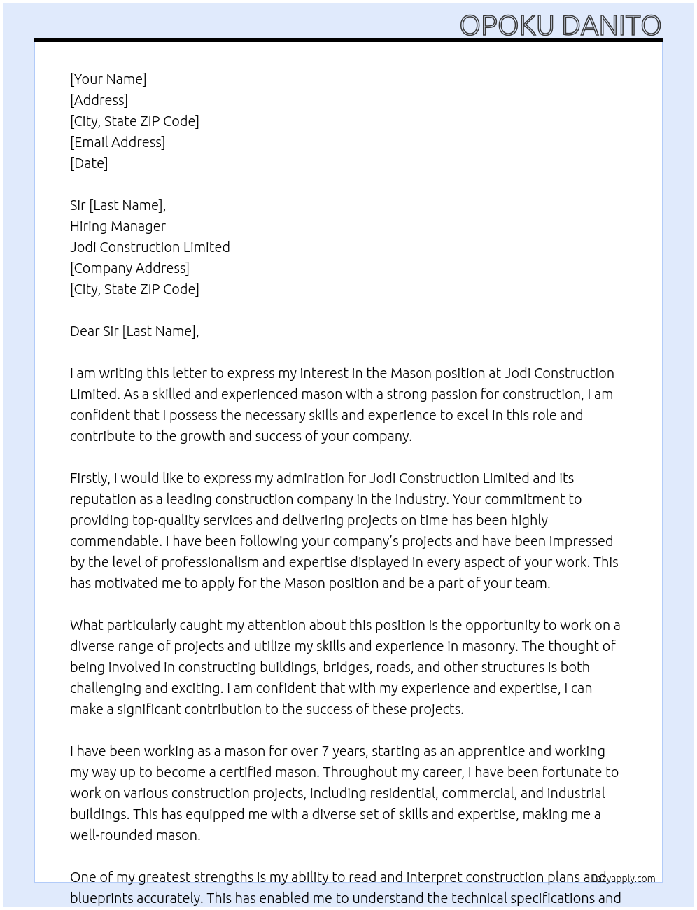 Cover letter for mason - LazyApply