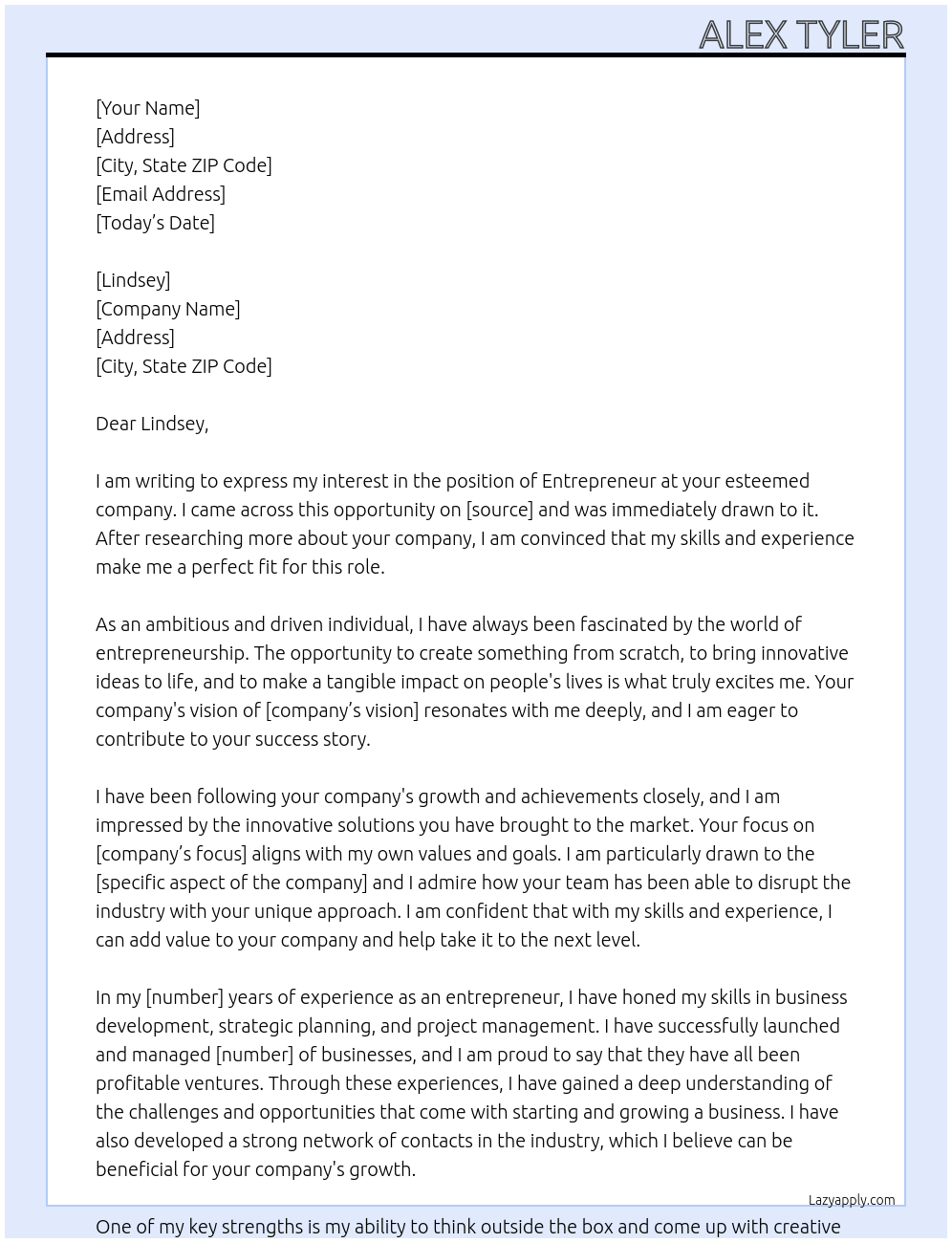 entrepreneur At Lindsey Cover Letter