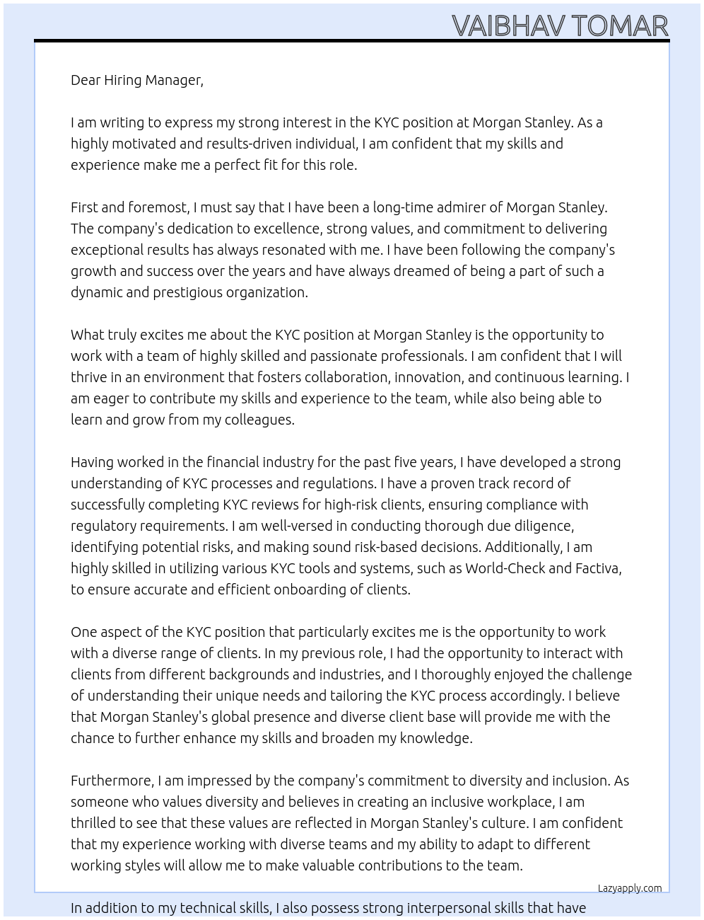 KYC At Morgan Stanley Cover Letter