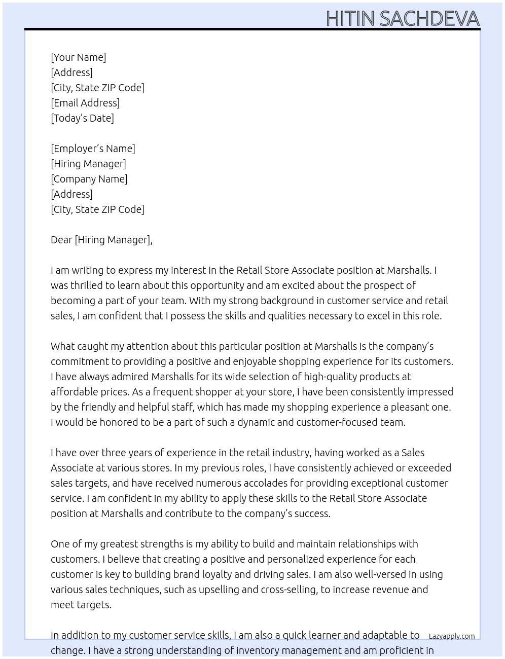 Retail Store Associate At Marshalls Cover Letter