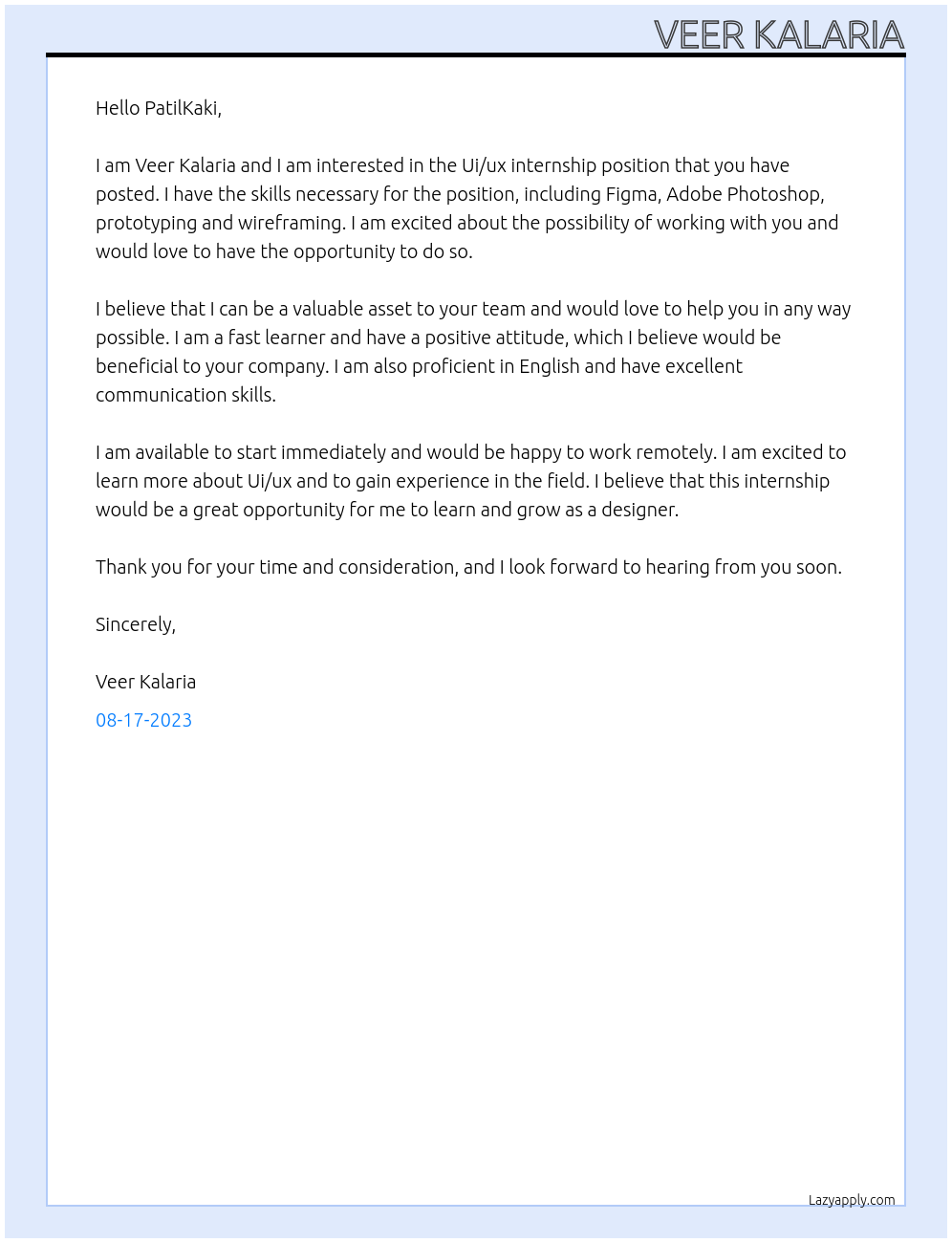 Ui/ux At PatilKaki Cover Letter
