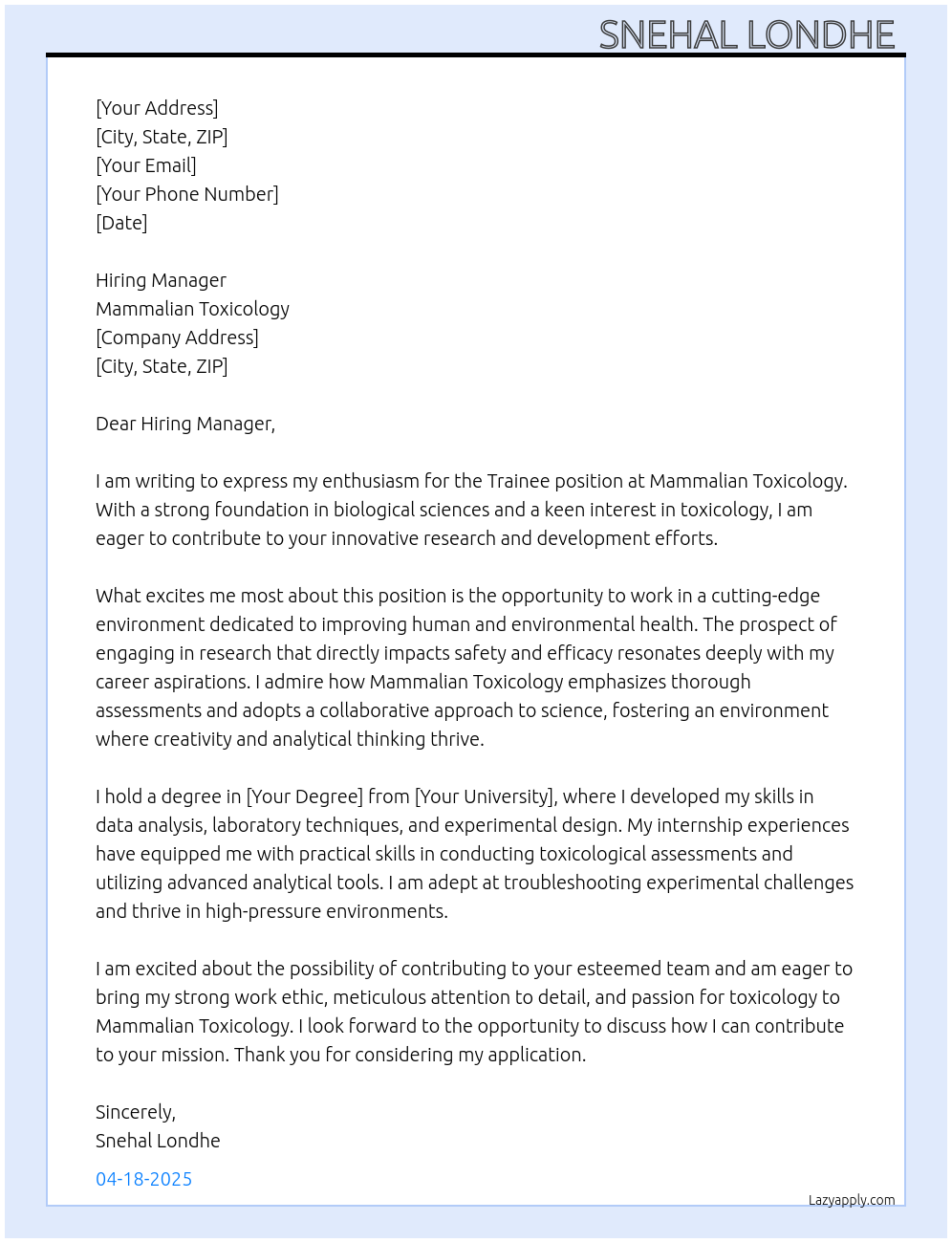 Trainee  At Mammalian toxicology  Cover Letter