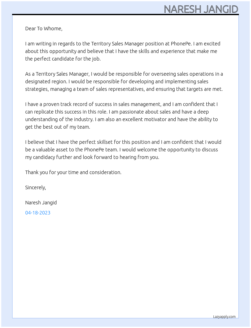 Territory Sales Manager At PhonePe Cover Letter